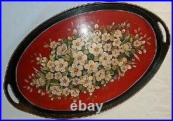 Gorgeous Christmas Vtg Antique Hand Painted Red Green White Wood Tole Tray