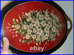 Gorgeous Christmas Vtg Antique Hand Painted Red Green White Wood Tole Tray