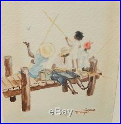 Grace Morgan African American Family Fishing Small Original Watercolor Painting