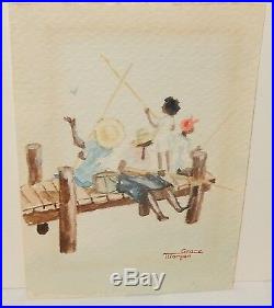 Grace Morgan African American Family Fishing Small Original Watercolor Painting