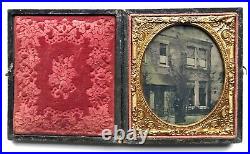 Great Outdoor 1/6 Plate Ambrotype City Street Scene Brick Buildings Man Smoking