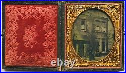 Great Outdoor 1/6 Plate Ambrotype City Street Scene Brick Buildings Man Smoking