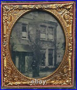 Great Outdoor 1/6 Plate Ambrotype City Street Scene Brick Buildings Man Smoking