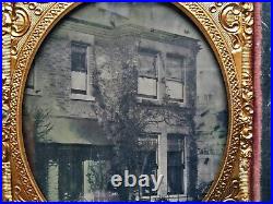 Great Outdoor 1/6 Plate Ambrotype City Street Scene Brick Buildings Man Smoking