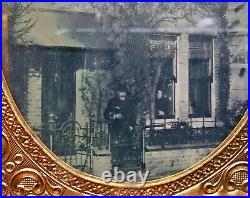 Great Outdoor 1/6 Plate Ambrotype City Street Scene Brick Buildings Man Smoking