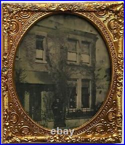 Great Outdoor 1/6 Plate Ambrotype City Street Scene Brick Buildings Man Smoking