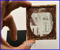 Great Outdoor 1/6 Plate Ambrotype City Street Scene Brick Buildings Man Smoking