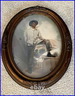 LARGE 16x12 ANTIQUE VINTAGE c. 1912 BLACK AMERICANA BOY PHOTO PORTRAIT ORIG FRAME