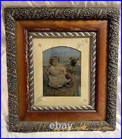 Large Antique Hand Tinted Photograph Portrait Little Girl & Dog with Period Frame