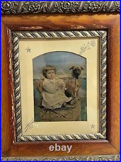 Large Antique Hand Tinted Photograph Portrait Little Girl & Dog with Period Frame