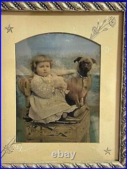Large Antique Hand Tinted Photograph Portrait Little Girl & Dog with Period Frame