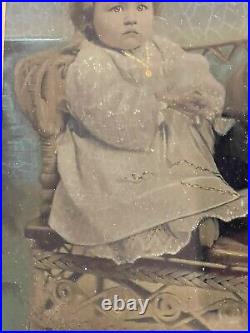 Large Antique Hand Tinted Photograph Portrait Little Girl & Dog with Period Frame