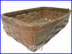 Late 19th C Antique Nut Brown Color/black Ash Splint Wood Rect Gathering Basket