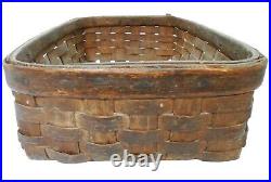 Late 19th C Antique Nut Brown Color/black Ash Splint Wood Rect Gathering Basket