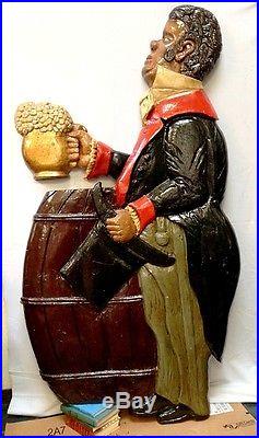 Life-Sized, 68 Antique Black Americana Wood Relief Carving, Man With Beer Mug