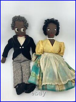 Lot of 2 Antique Black Americana Cloth Dolls 17 Tall Hand Sewn One of a Kind