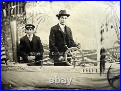 Men in Boat Tintype Photo American Flag Gallery pose Delhil NY ca 1880