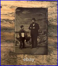 Occupational Tintype Man Buys Newspaper from Newsboy Antique 1800s Photo