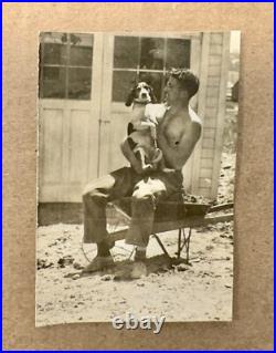 Old Snapshot Photo Handsome Shirtless Man Holding Beagle Dog Antique Vintage Gay