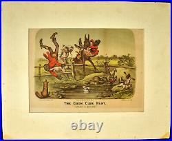 Original 1885 Currier & Ives Lithograph THE COON CLUB HUNT Taking a Header