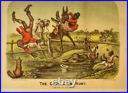 Original 1885 Currier & Ives Lithograph THE COON CLUB HUNT Taking a Header