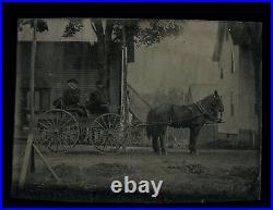 Outdoor men driving horse carriage houses street antique tintype photo 1800s