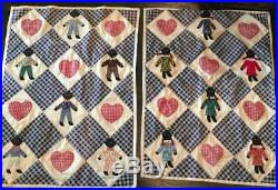 Pair 1940s Vintage Black Americana Appliqued Crib Quilts Boys & Girls