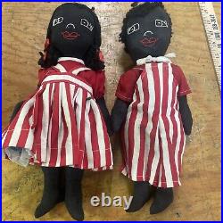 Pair Of New England Folk Art Black Americana Cloth Dolls 13 In Boy & Girl