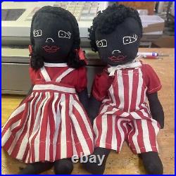 Pair Of New England Folk Art Black Americana Cloth Dolls 13 In Boy & Girl