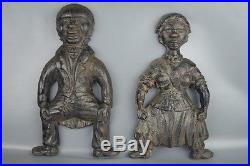 Pair of Antique 1800s Cast Iron Black Americana Andirons Man & Woman Figures