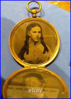 (Pgasteelers1)Pocket Watch tin type case man & girl 1 5/8 circa 1870's