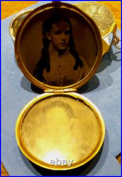 (Pgasteelers1)Pocket Watch tin type case man & girl 1 5/8 circa 1870's