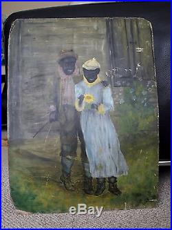 Primitive 1880's Black Americana Portraits Signed oil Painting. African American