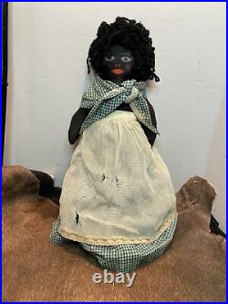 Primitive? Black americana stuffed ragdoll WithBlue & white checkered housedress