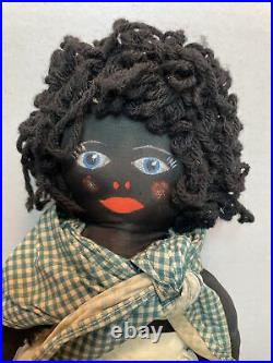 Primitive? Black americana stuffed ragdoll WithBlue & white checkered housedress