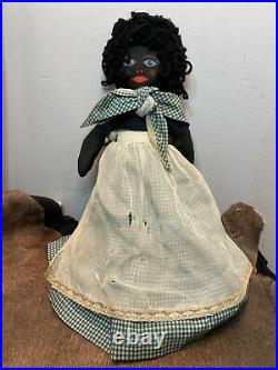 Primitive? Black americana stuffed ragdoll WithBlue & white checkered housedress