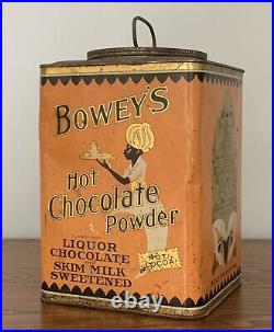 RARE 1940s Antique Vintage BOWEYS HOT CHOCOLATE Advertising Tin Black Americana