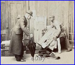 RARE! AFRICAN AMERICAN PORTER HELPS PASSENGER with BAGGAGE 1886 STEREO VIEW PHOTO