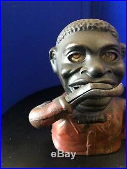 RARE Black Americana Cast Iron Jolly N Mechanical Bank J & E Stevens 1882