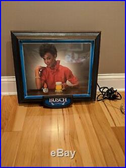 RARE Busch Beer Sign Black Americana Lighted Bar Sign Beautiful Woman Vintage