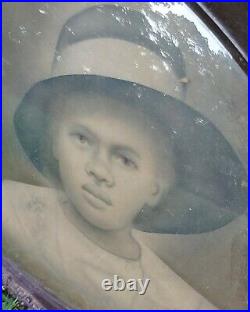 RARE FIND Antique Framed Bubble Glass African American Boy Girl Photo 21x16