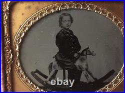 RARE GUTTA PERCHA AMERICANA Child on a Rocking Horse Tintype Thermoplastic Case