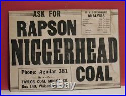 Rapson Negro-Head Coal Paper Sign Taylor Coal Mining Co, Walsenburg Colorado