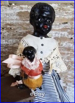 Rare 14.5Antique Black Paper Mache Doll Glass Eye Papier&5Frozen Charlotte Lot