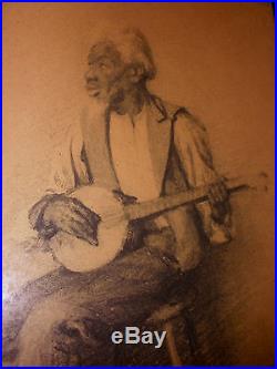 Rare Antique Black Americana folk art Black man playing banjo drawing painting