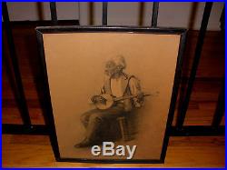 Rare Antique Black Americana folk art Black man playing banjo drawing painting