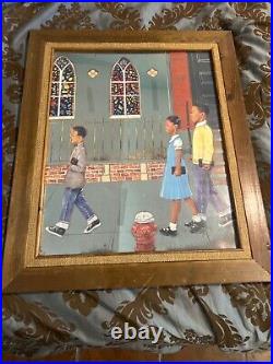 Rare Black Americana 20x24 Mirror Art Children Going To Church 1960/70's