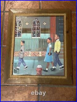 Rare Black Americana 20x24 Mirror Art Children Going To Church 1960/70's