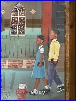 Rare Black Americana 20x24 Mirror Art Children Going To Church 1960/70's