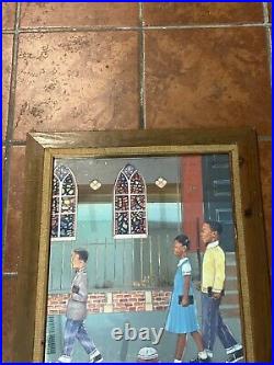 Rare Black Americana 20x24 Mirror Art Children Going To Church 1960/70's